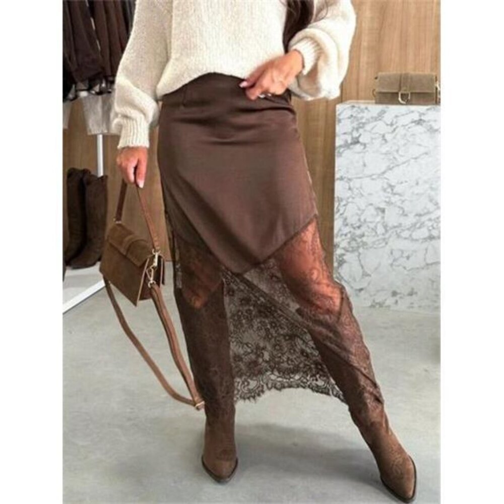 Lace Trim Satin Midi Skirt